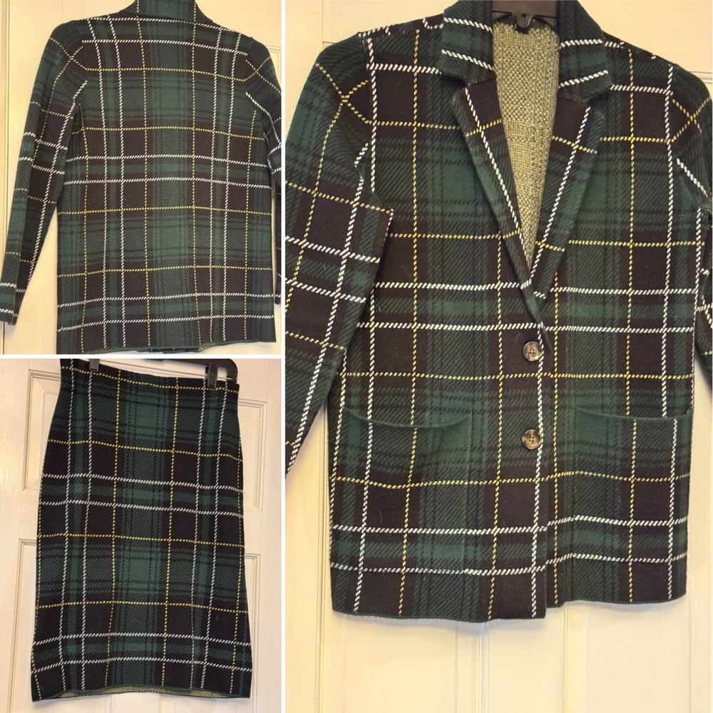 Ann Taylor Green Plaid Blazer and Skirt Set